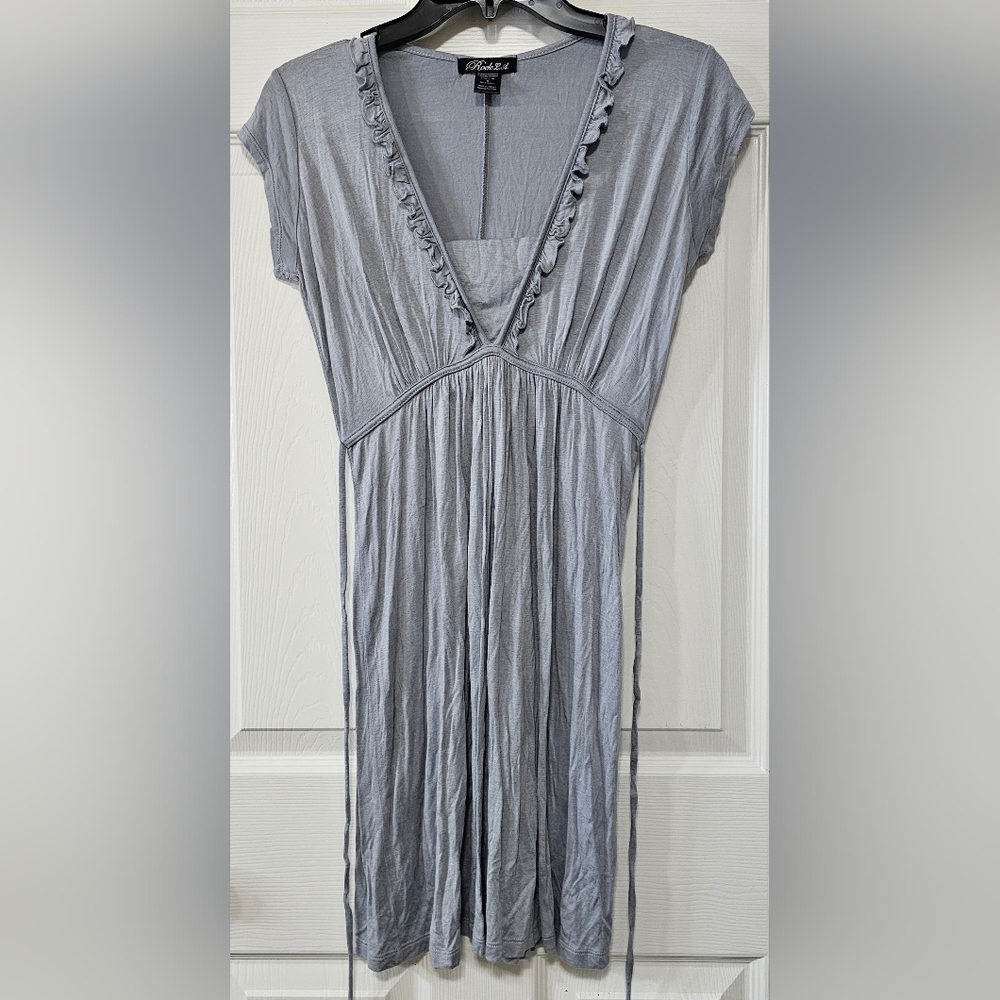 Rock L.A Women's Small, Gray Soft Dress, front V Neck with Ruffles, Tie Back